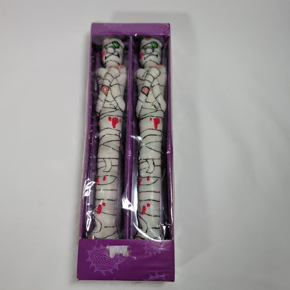 Vintage Russ Berrie Halloween Mummy Taper Candles Set of 2 New In Box Spooky dec